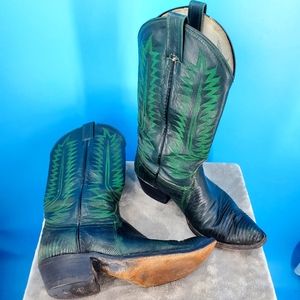 Delta black leather cowboy boots with green stitch 9.5D